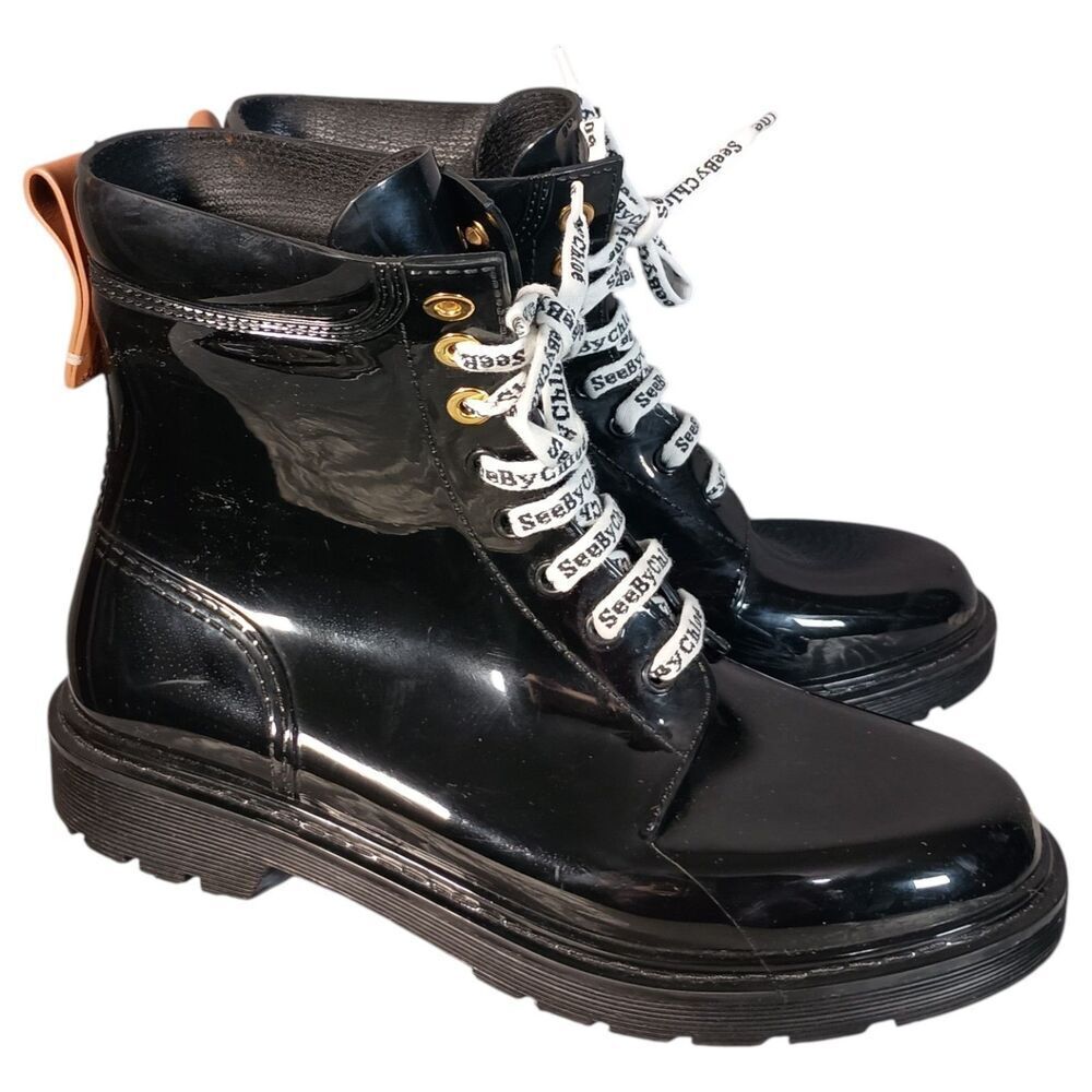 See By Chloe Combat Boots Women 40/US 10 Black Rubber Logo Lace Up - Picture 2 of 10